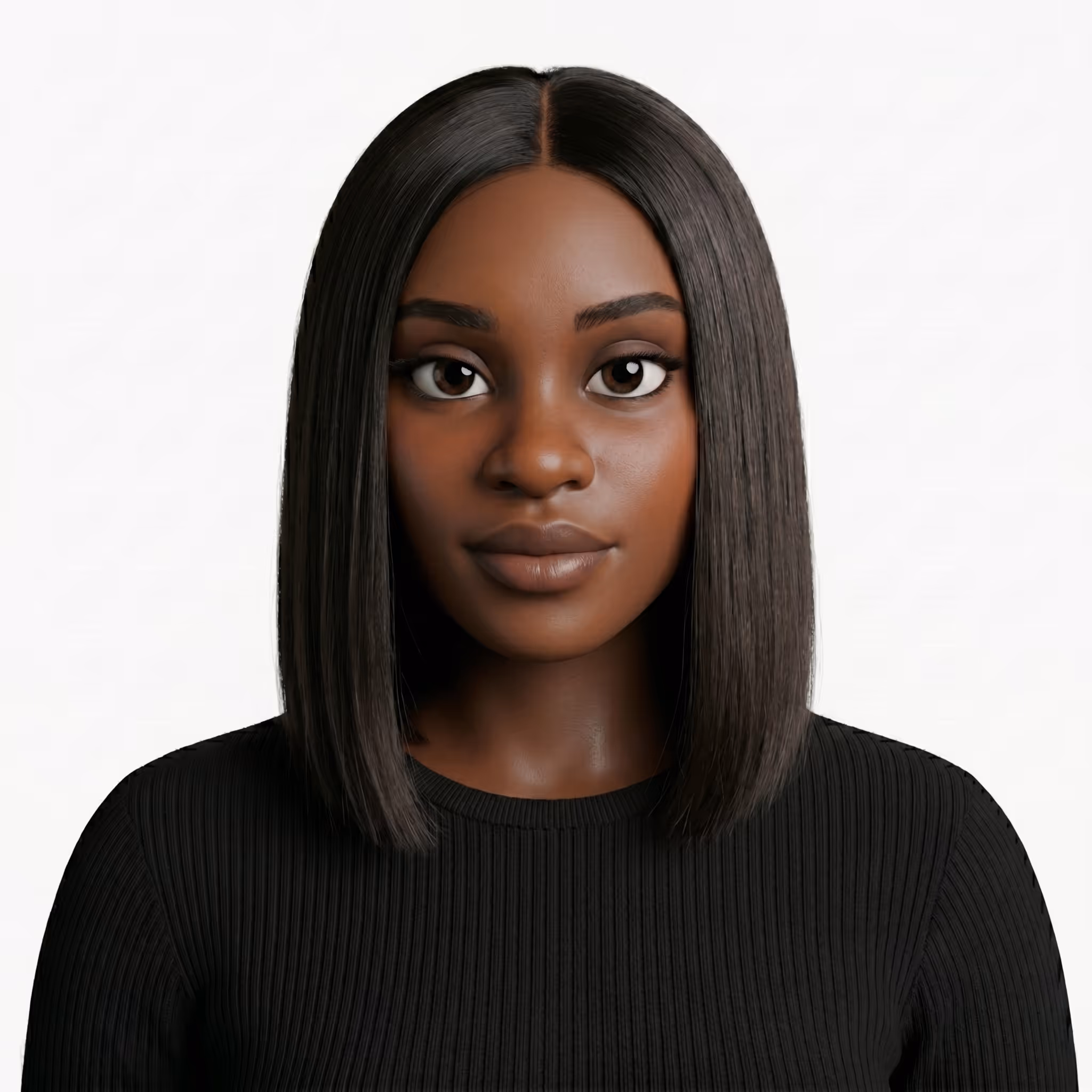 Portrait of a woman with straight black hair wearing a black ribbed top on a white background.